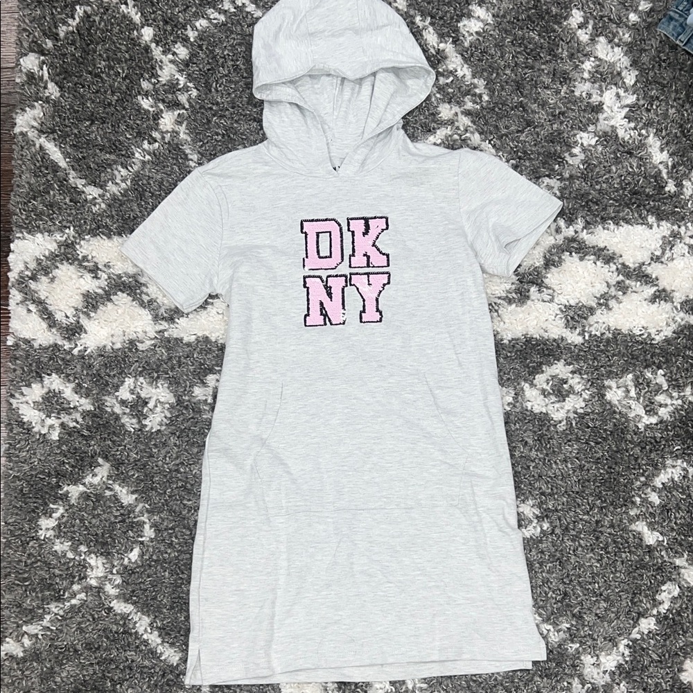 NWT DKNY Girls Light Gray Hoodie Dress with Pink Logo - XL